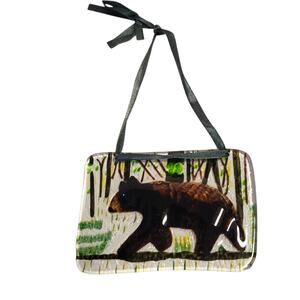Glass Bear in The Woods Suncatcher Ornament 4" x 3" Brown Green